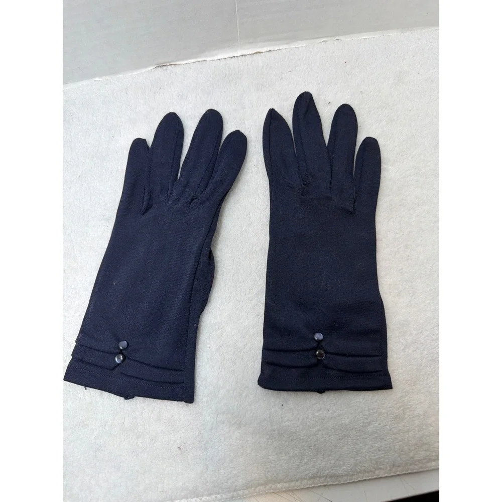 VTG 70s Hansen Milwaukee Gloves Women 6.5 Navy Blue Nylon Button‎ Wrist Japan